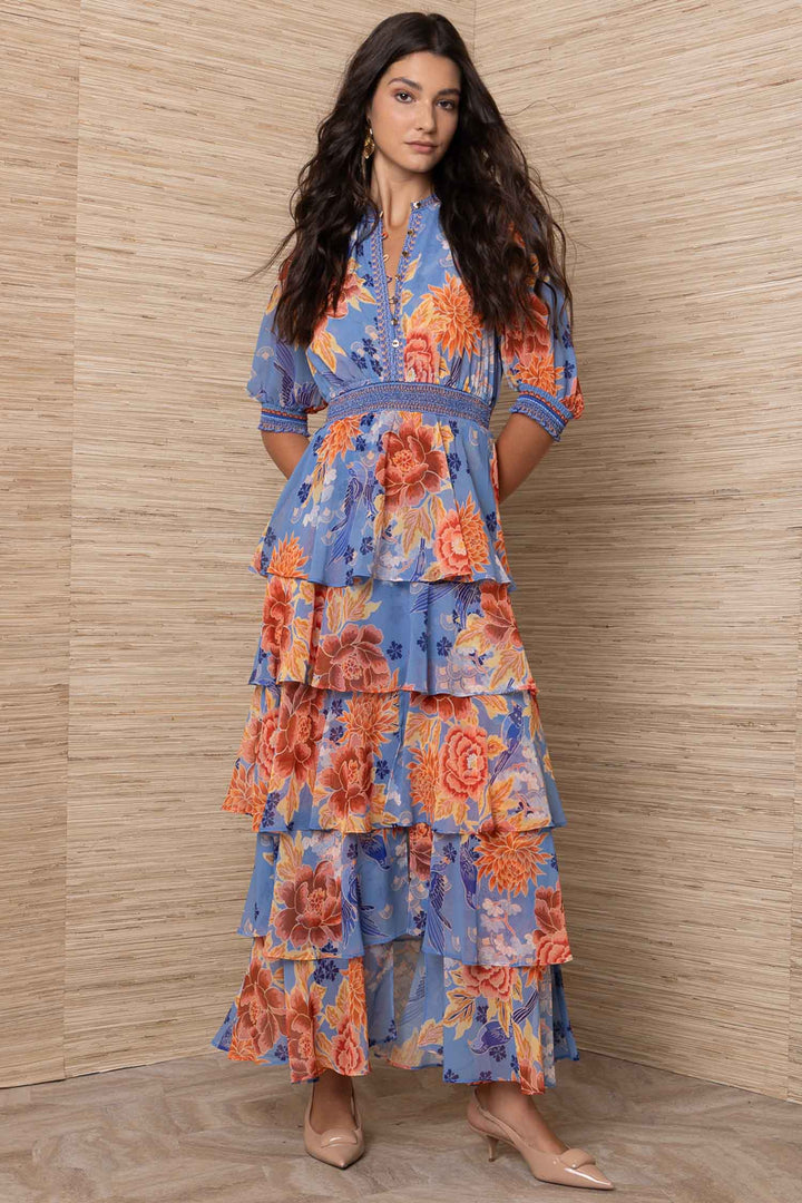 Wisteria S/S Tiered Maxi Dress in Blue