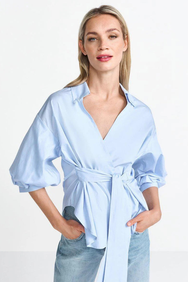 Wrap Blouse w V-Neck in Skyway Blue