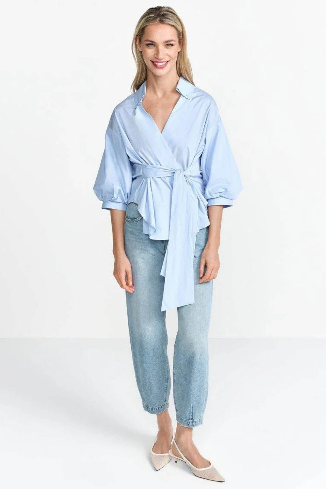 Wrap Blouse w V-Neck in Skyway Blue