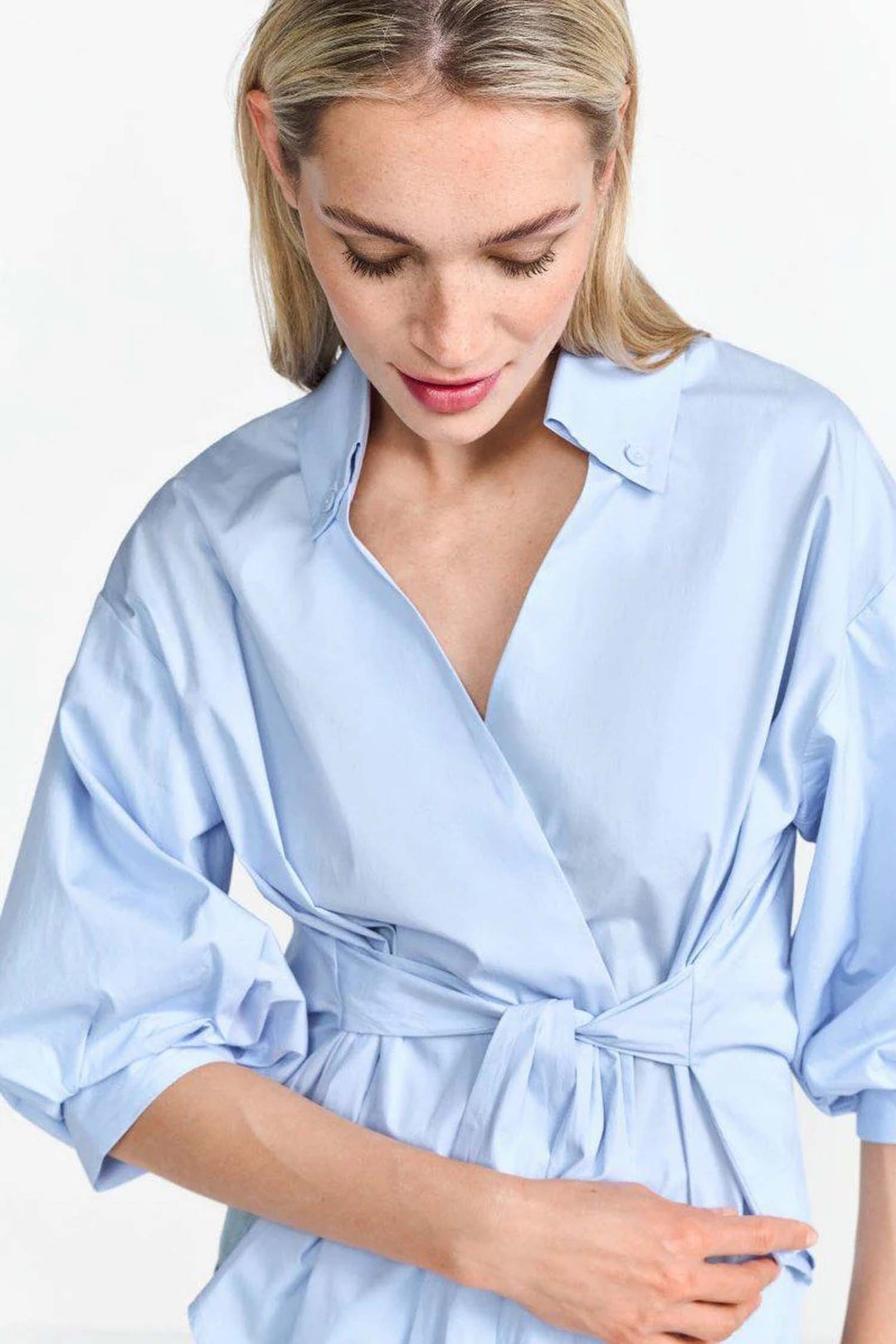 Wrap Blouse w V-Neck in Skyway Blue