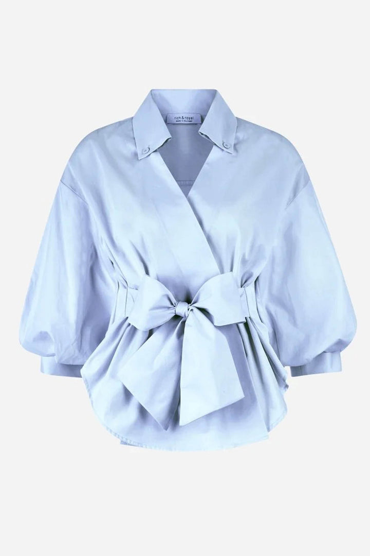 Wrap Blouse w V-Neck in Skyway Blue