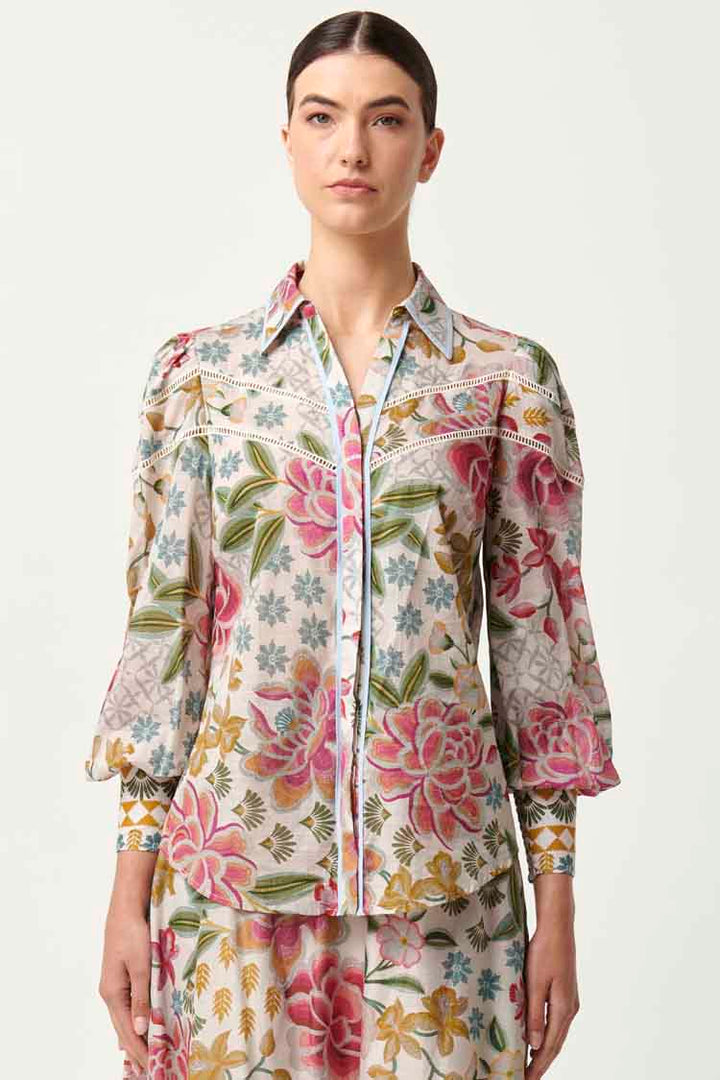 Wren Lace Cotton Slub Shirt in Azalea Fields