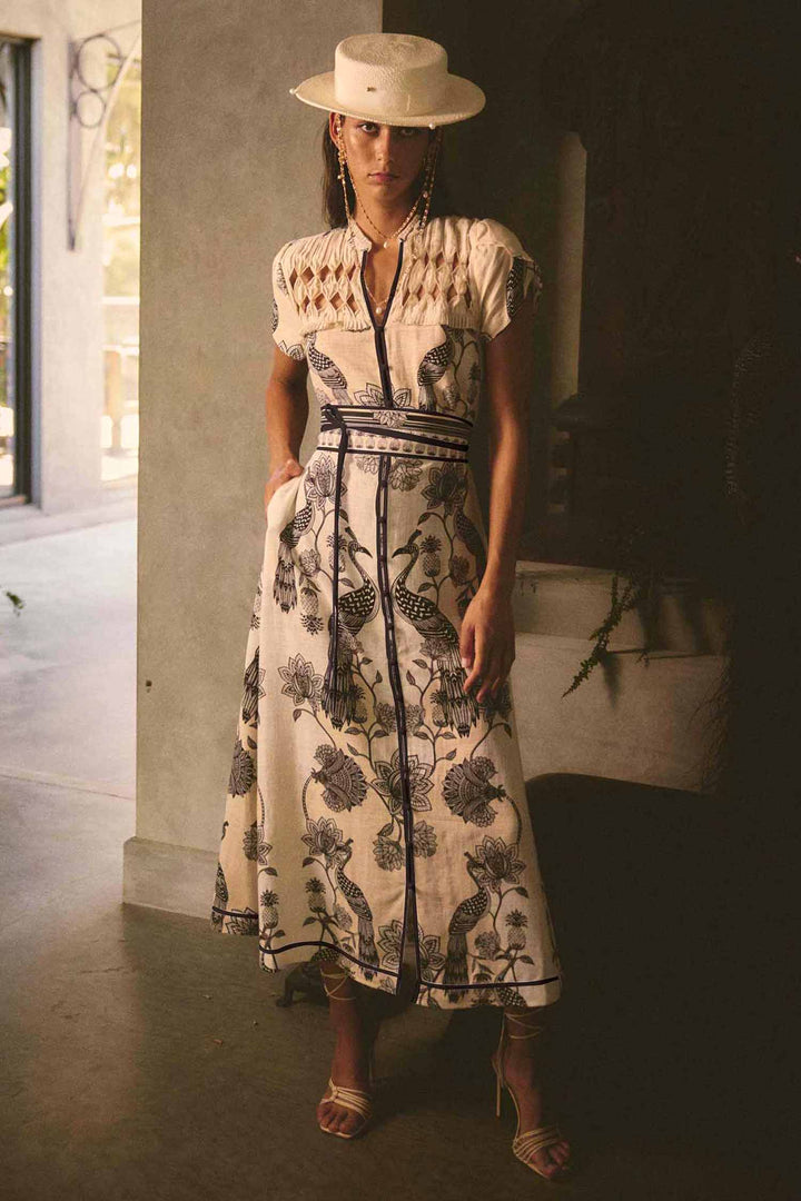 Xanthia Diamond Smock Yoke Midi Dress in Imperial Stone