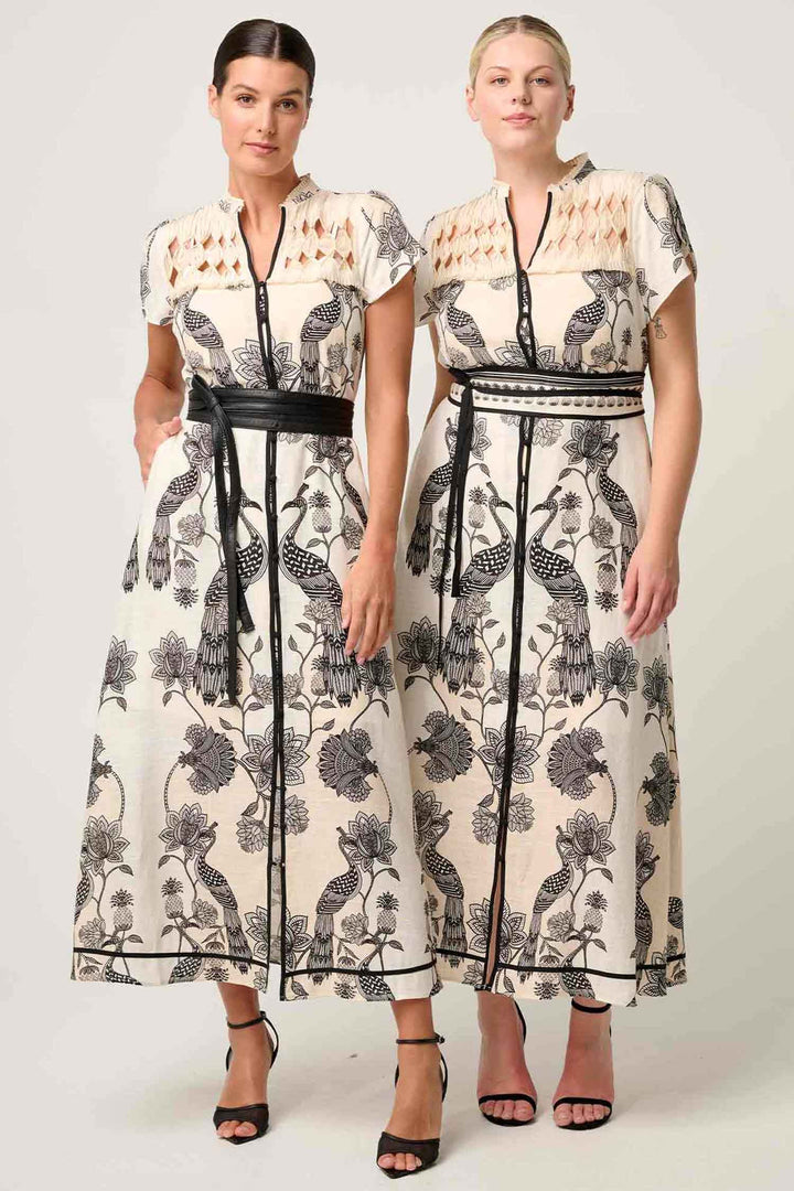 Xanthia Diamond Smock Yoke Midi Dress in Imperial Stone