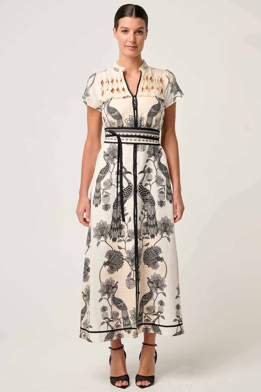 Xanthia Diamond Smock Yoke Midi Dress in Imperial Stone