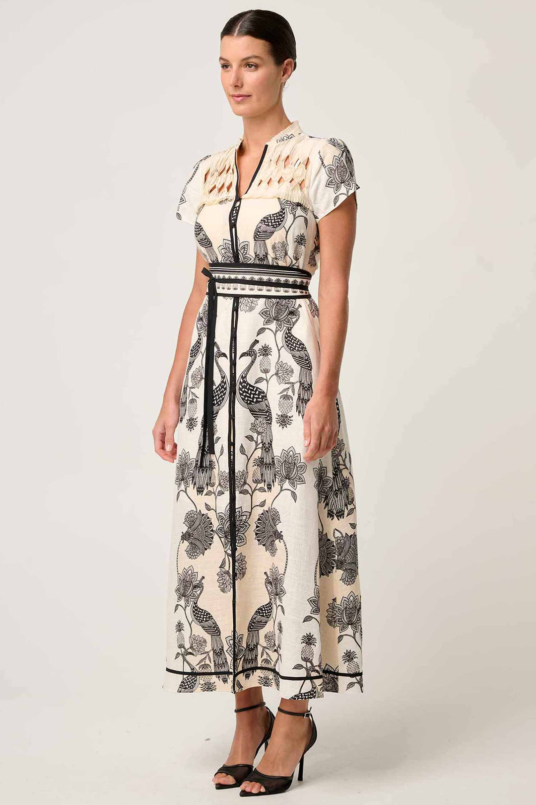 Xanthia Diamond Smock Yoke Midi Dress in Imperial Stone