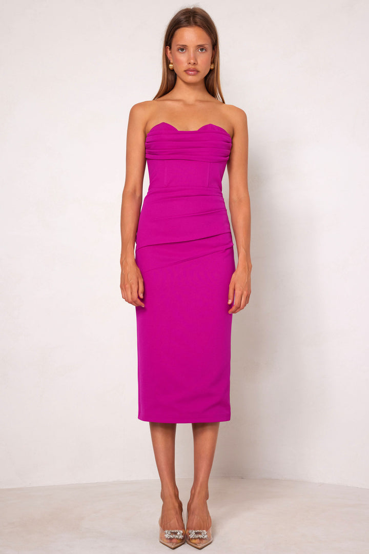 Zaira Strapless Midi Dress in Fuchsia