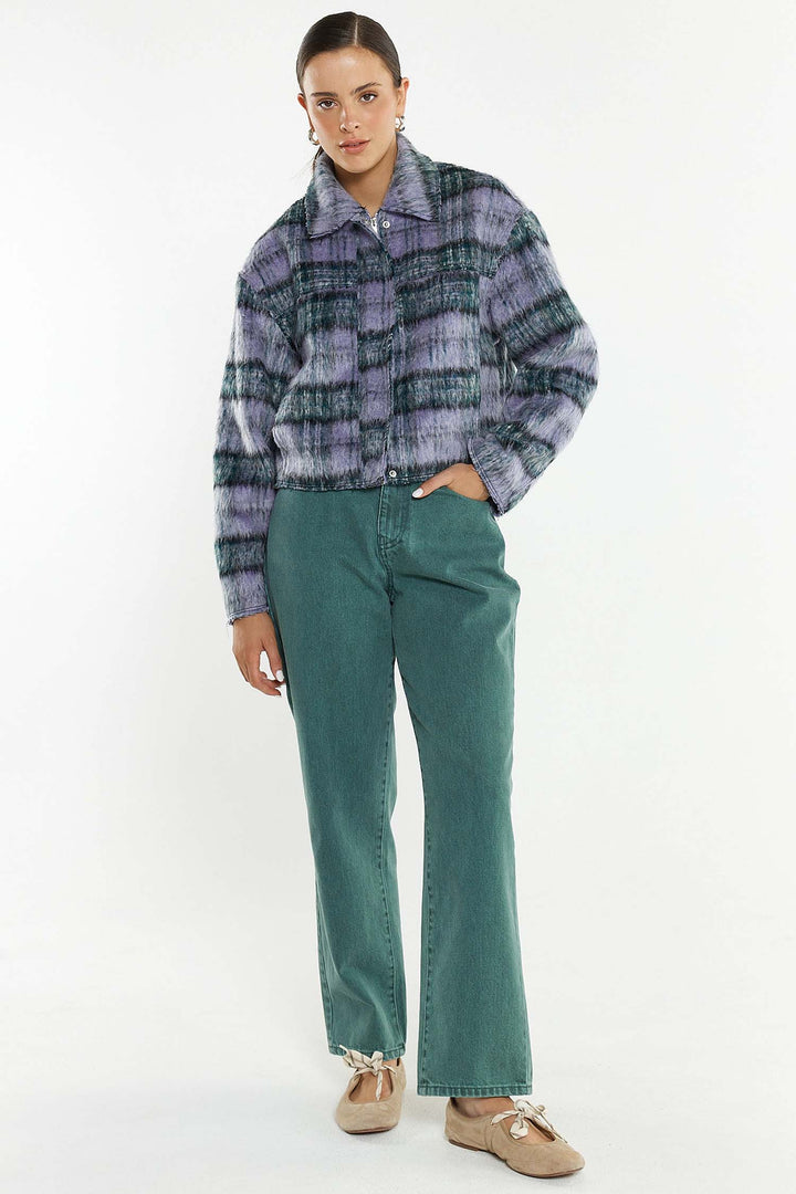 Zoe Cropped Coat in Purple Check