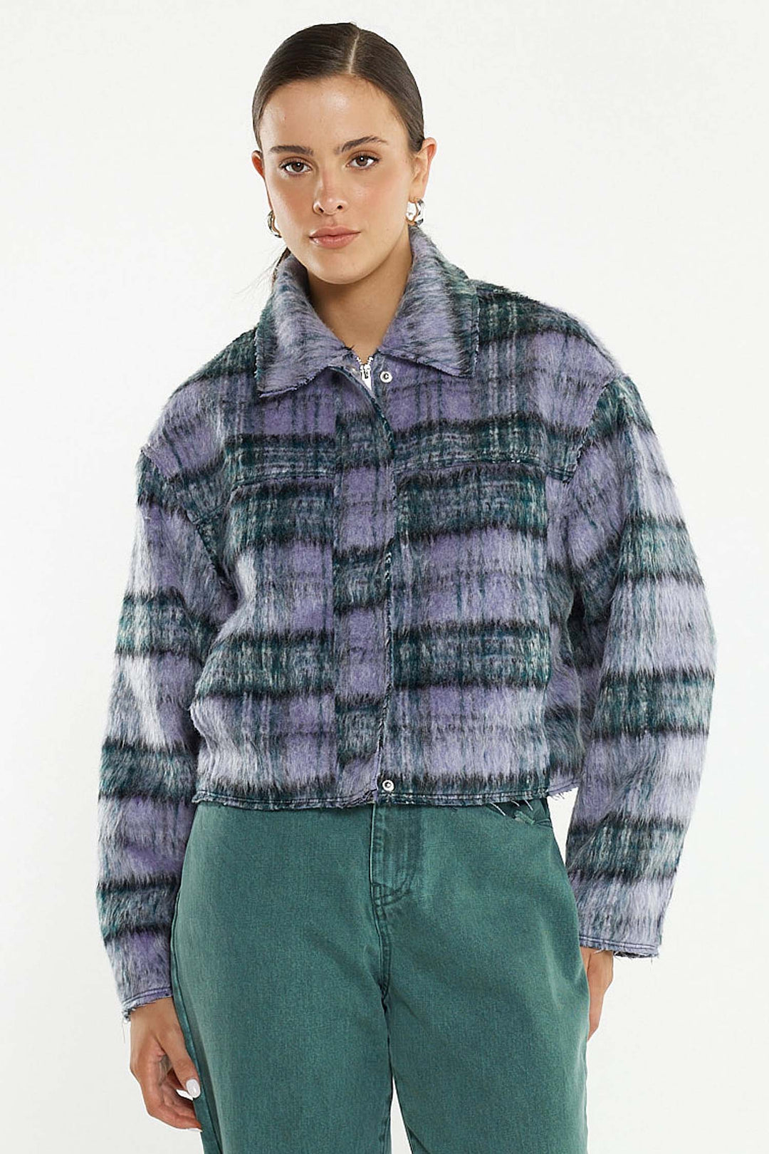 Zoe Cropped Coat in Purple Check