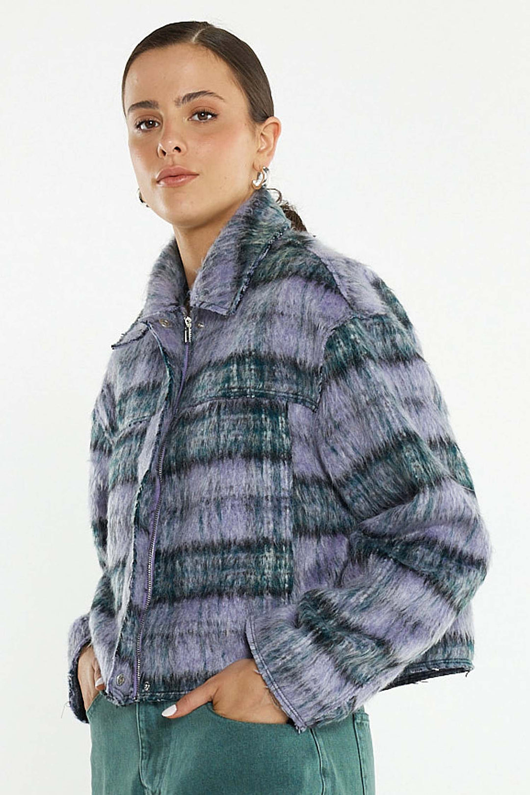 Zoe Cropped Coat in Purple Check