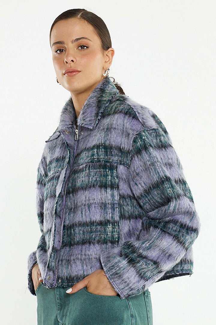 Zoe Cropped Coat in Purple Check