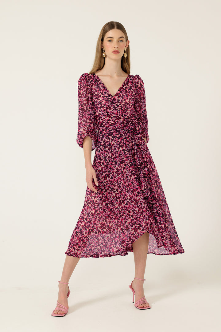 Zora Wrap Dress in Pink Lilac Feather