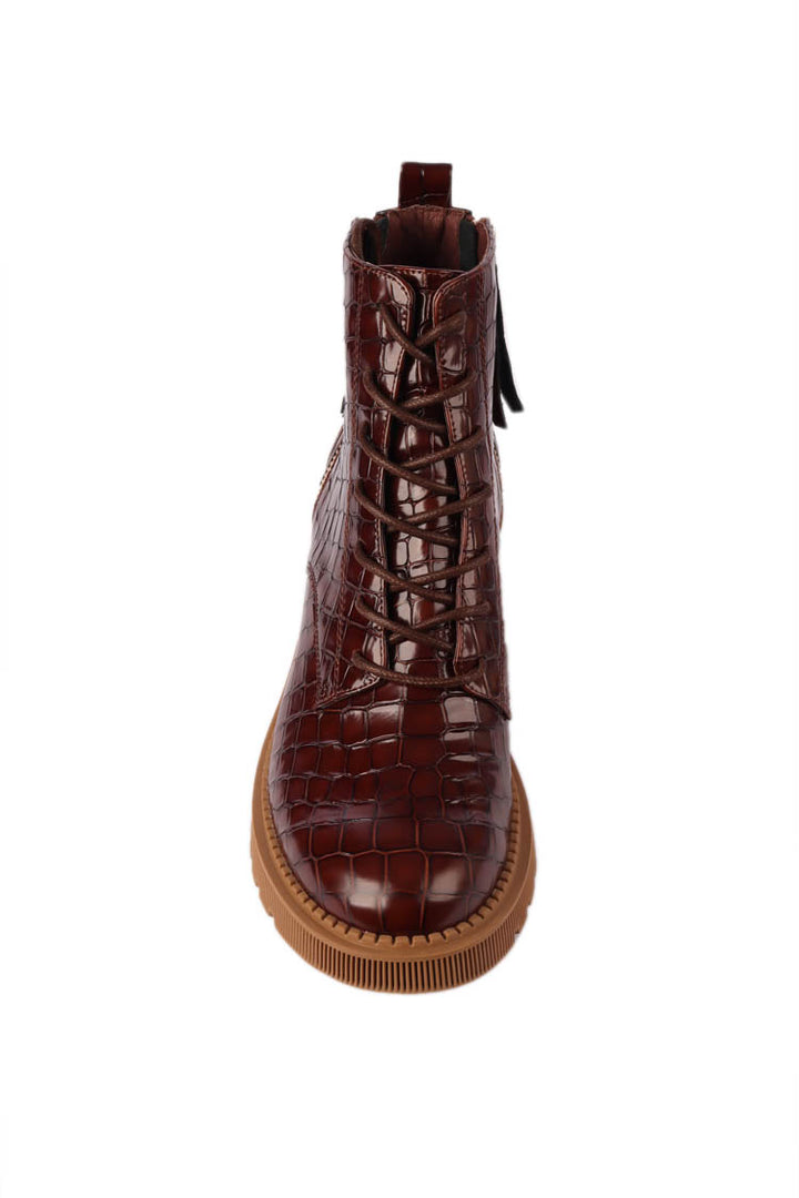 Zyan Croc Leather Boots in Nutmeg