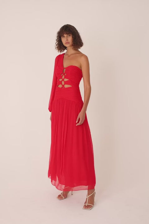 Margot LS One Shoulder Lace Up Maxi Dress in Sailor Red