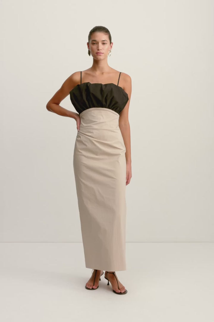 Campbell Bubble Bodice Midi Dress in Oat Milk
