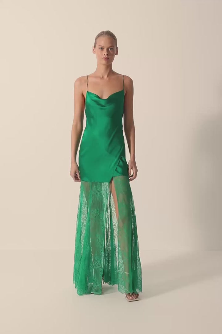Elle Silk Lace Cowl Maxi Dress in Emerald