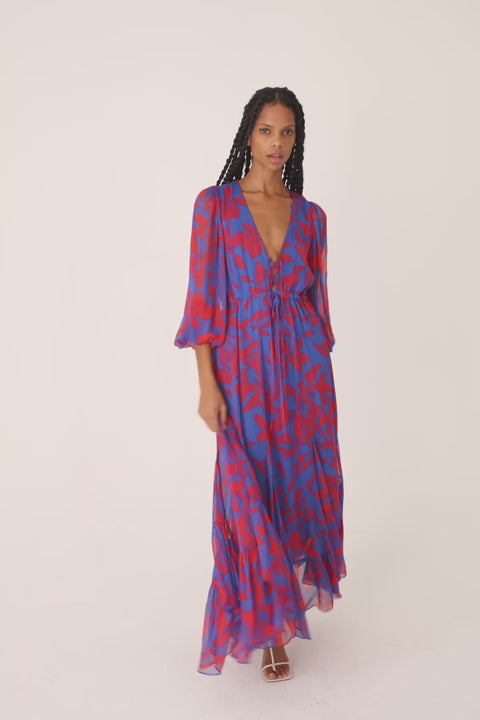 Flore Lace Front Drawstring Maxi Dress in Blue Red Flora