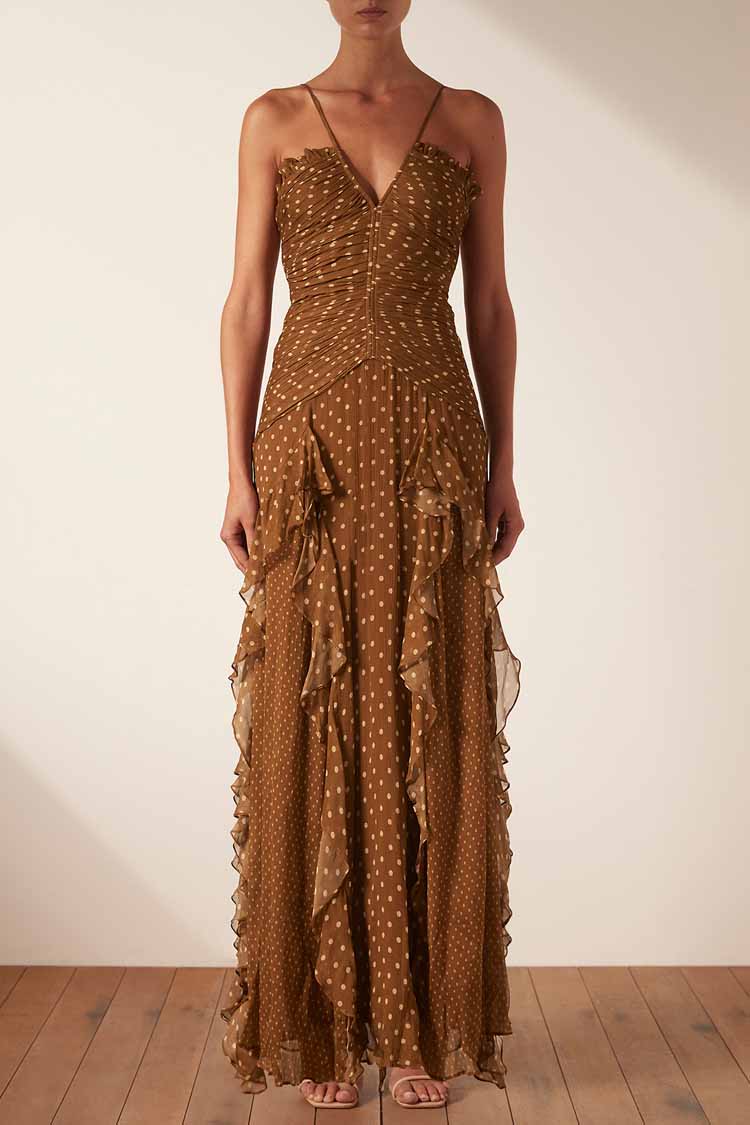 Brielle Ruched Frill Maxi Dress in Almond | FINAL SALE