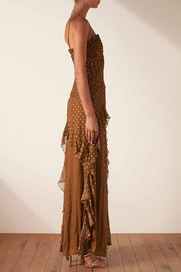 Brielle Ruched Frill Maxi Dress in Almond | FINAL SALE