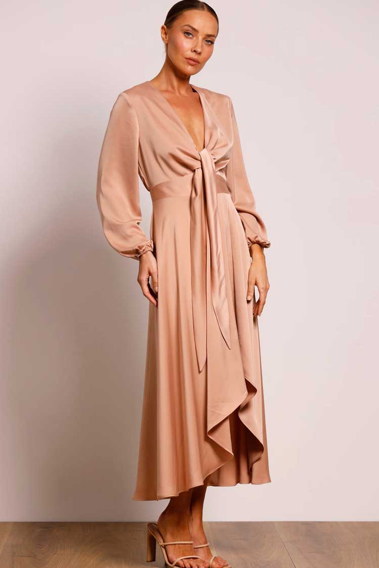 Cherish Tie Midi Dress in Hazelnut