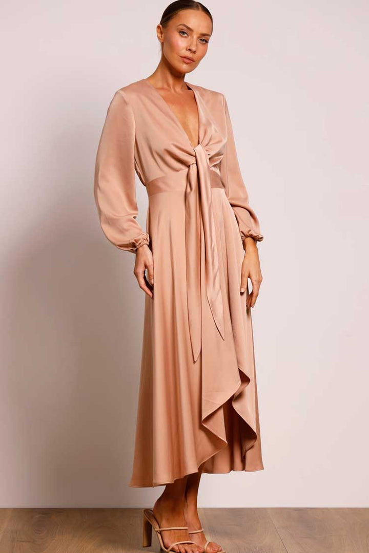 Cherish Tie Midi Dress in Hazelnut