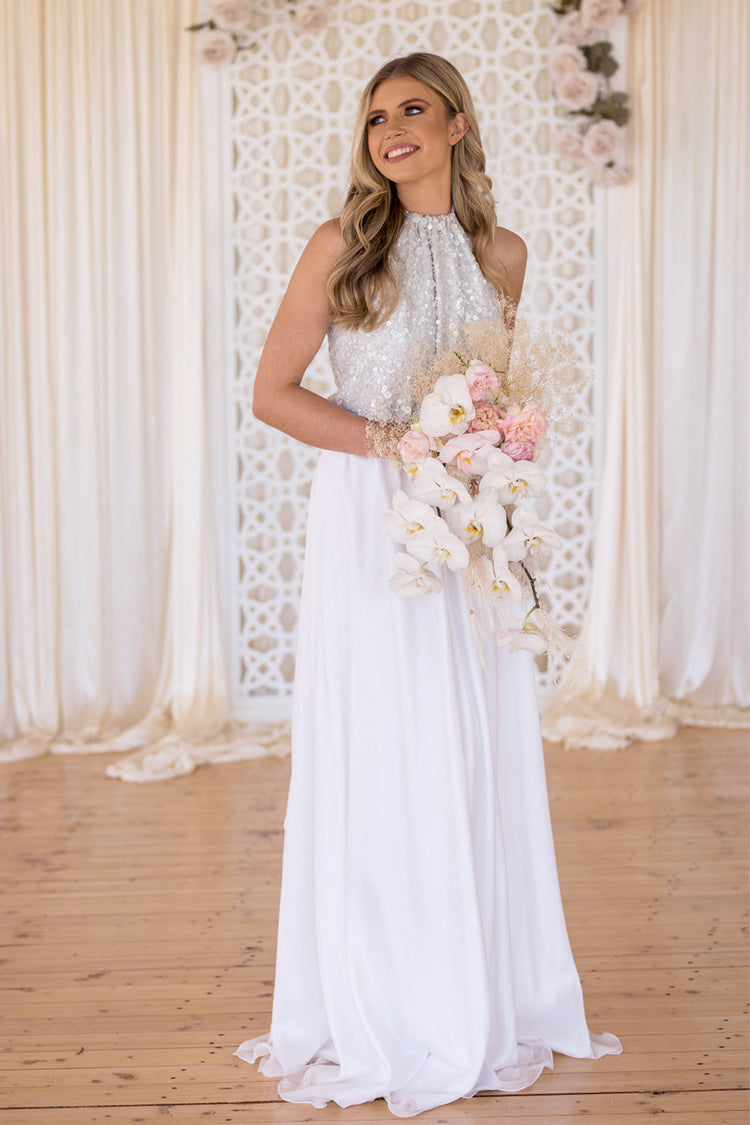 Harlow Bridal Gown in White Pearl | Chiffon Dresses Lucy Laurita - Leiela 