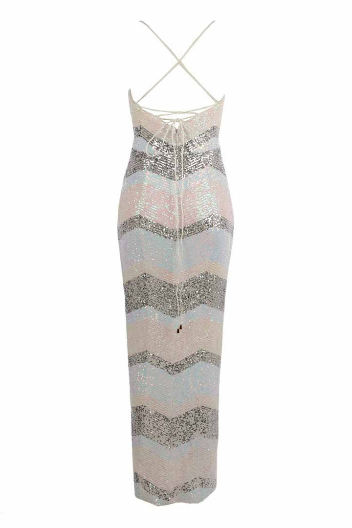 Isabella Sequin Drape Maxi in Chevron Dresses Bariano 
