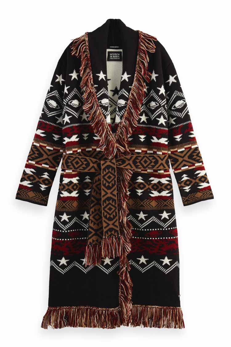 Jacquard pattern long cardigan with fringes