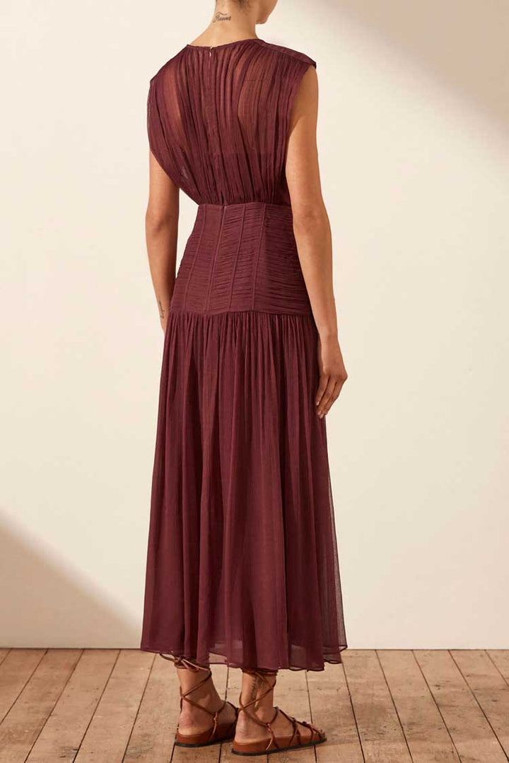 Marquis Ruched Sleeveless Midi Dress in Wine | FINAL SALE