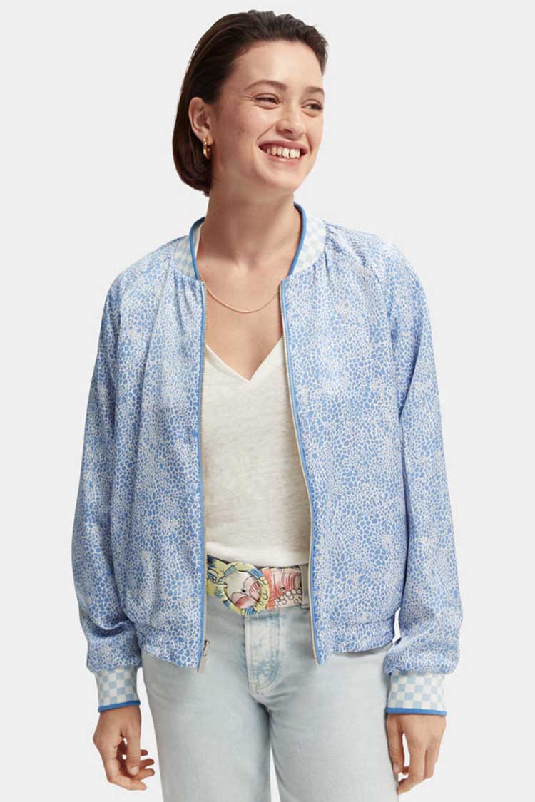 Printed Seersucker Reversible Bomber in Blue | FINAL SALE