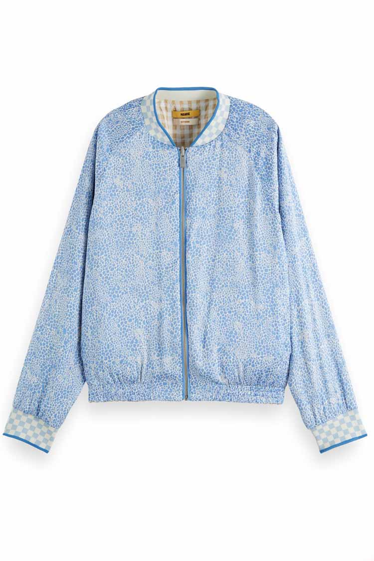 Printed Seersucker Reversible Bomber in Blue | FINAL SALE