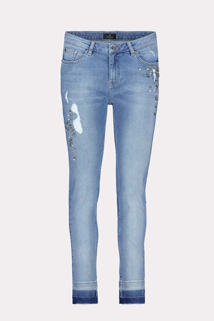 Raw Hem Pearl Jewel Jeans in Blue