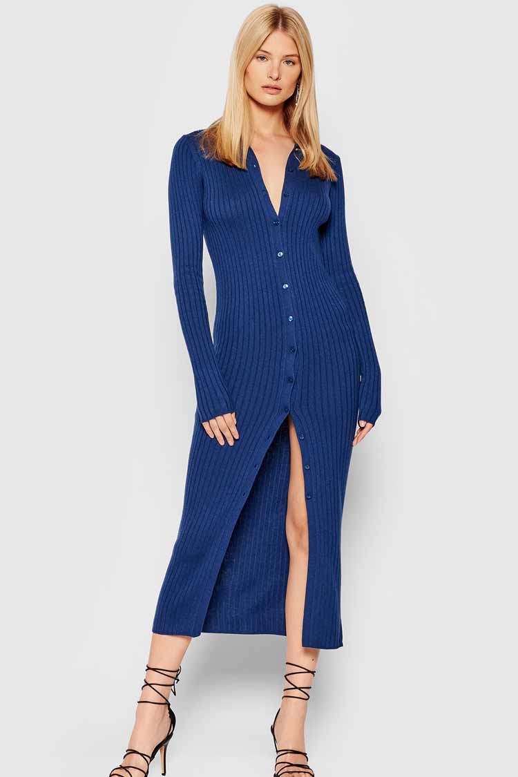 Rib Knit Shirt Dress in Blue | FINAL SALE