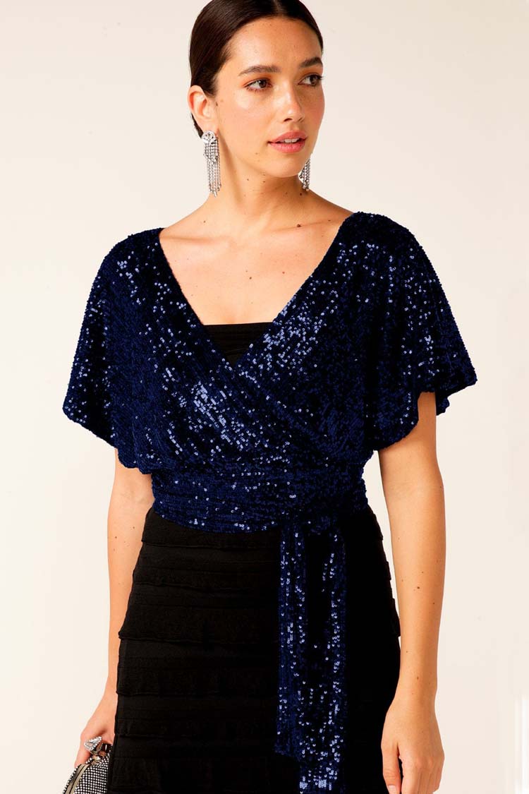 Sequin Wrap Top in Sapphire