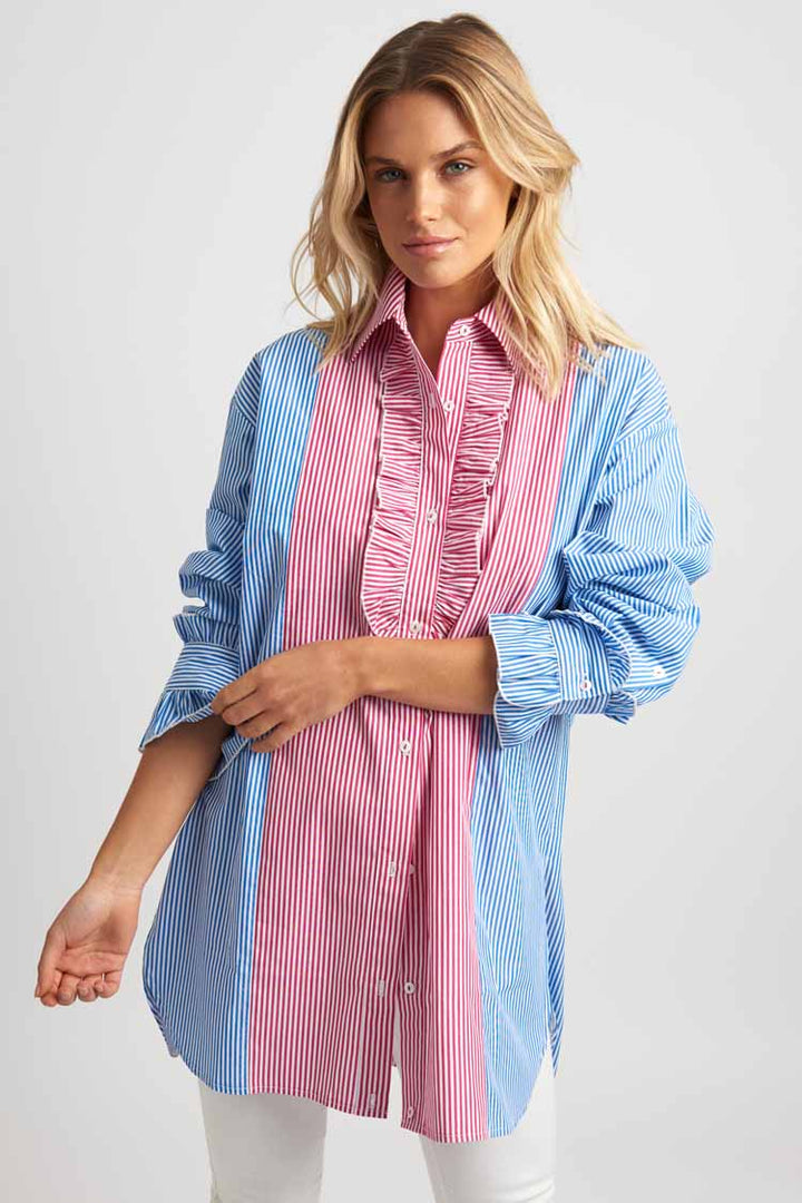 The Frill Front & Cuff Shirt - Cerise Blue Stripe