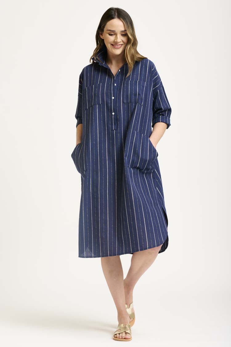 The Linen Pocket Popover Shirt Dress in Navy Lurex