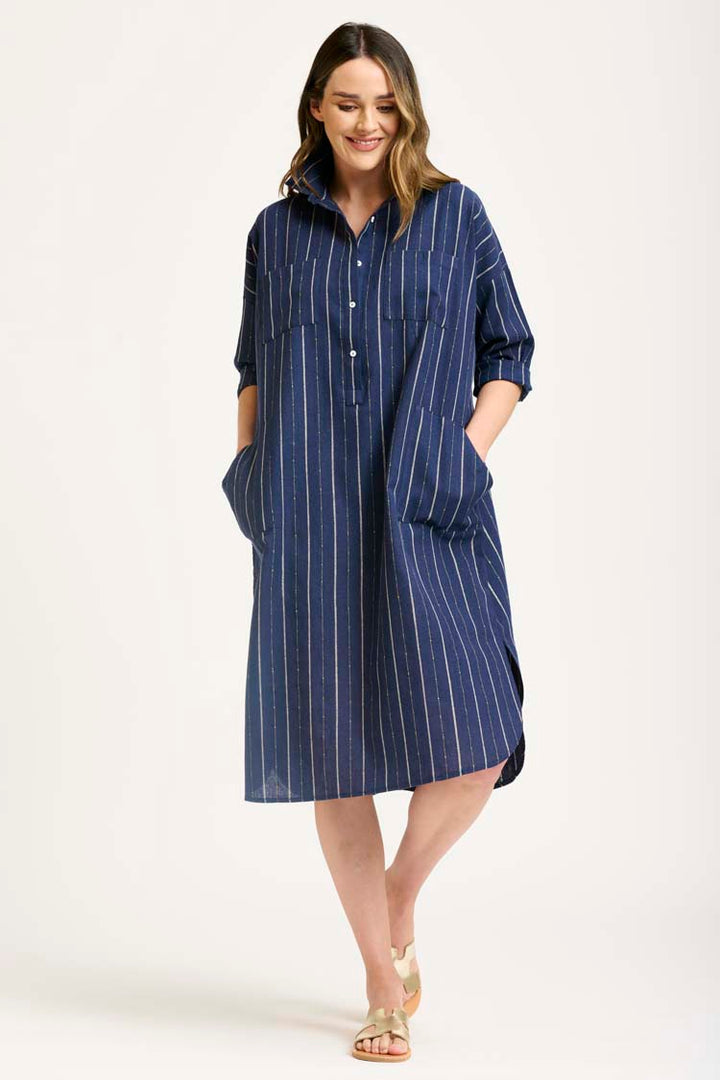 The Linen Pocket Popover Shirt Dress in Navy Lurex
