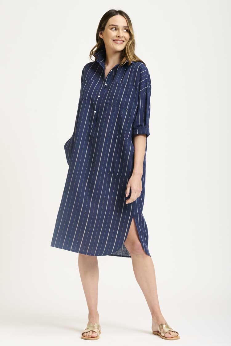 The Linen Pocket Popover Shirt Dress in Navy Lurex