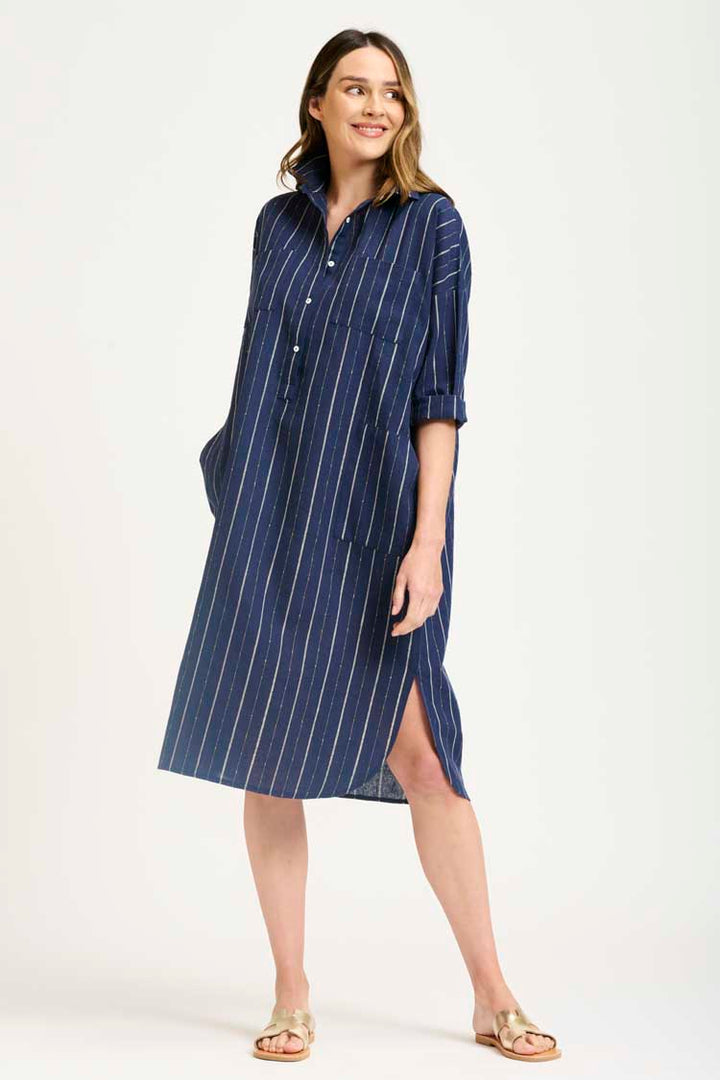 The Linen Pocket Popover Shirt Dress in Navy Lurex