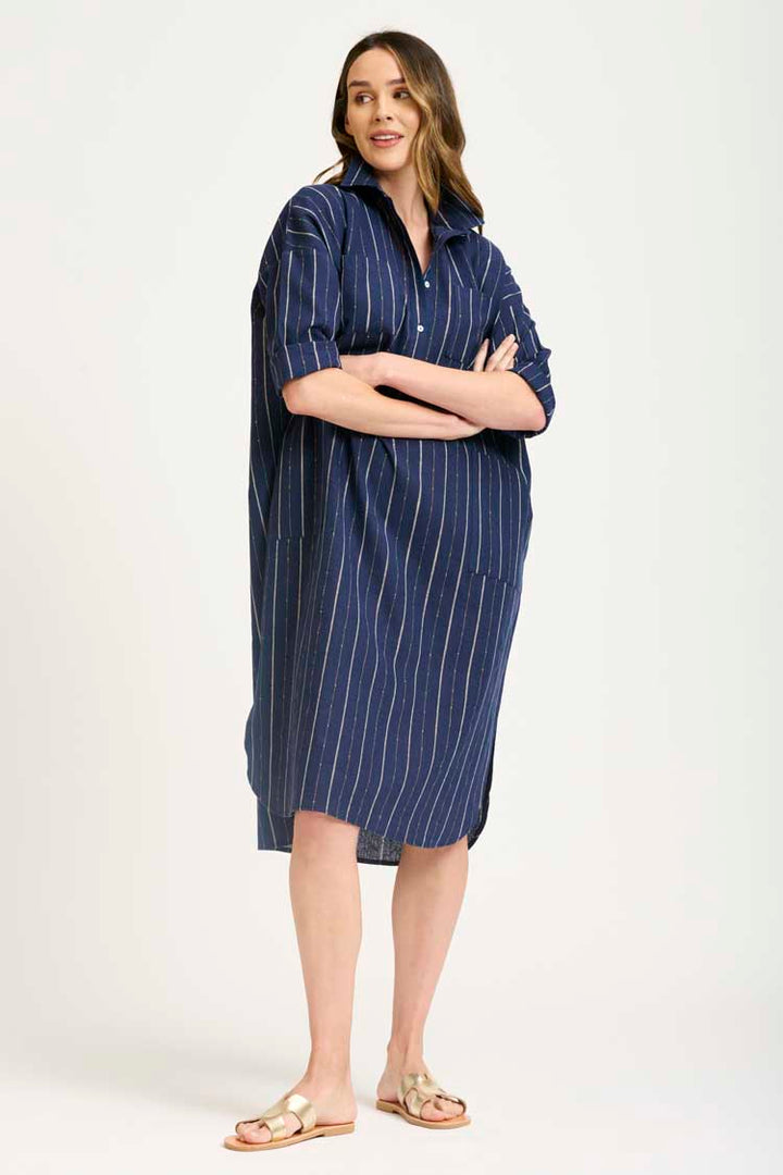 The Linen Pocket Popover Shirt Dress in Navy Lurex
