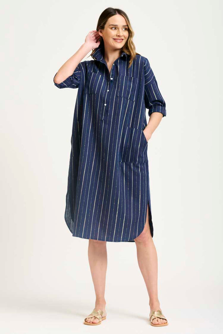 The Linen Pocket Popover Shirt Dress in Navy Lurex