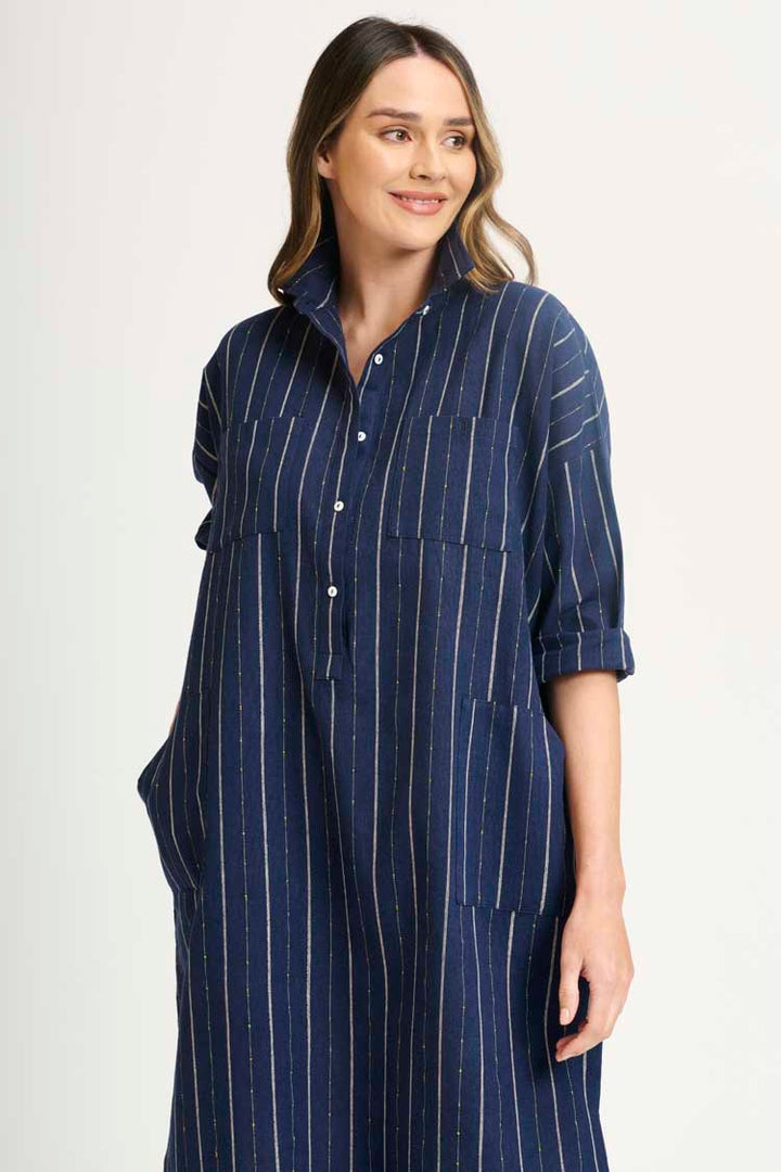 The Linen Pocket Popover Shirt Dress in Navy Lurex