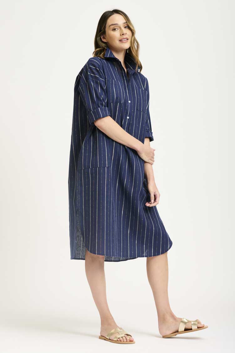 The Linen Pocket Popover Shirt Dress in Navy Lurex