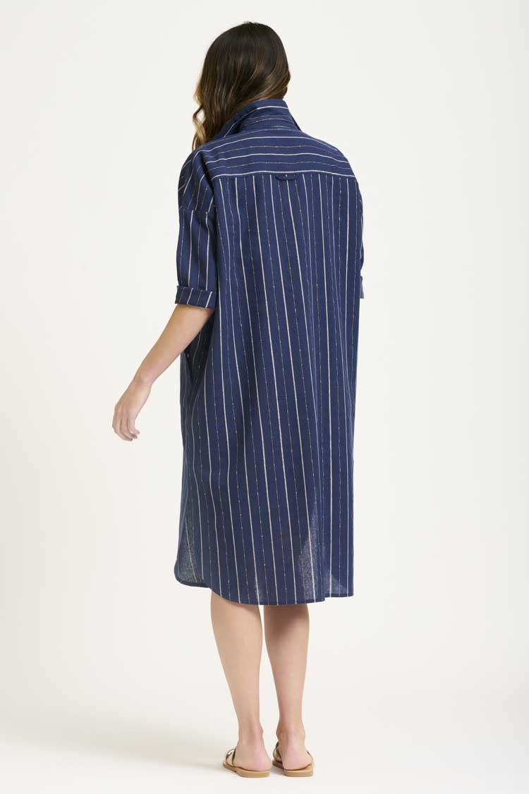 The Linen Pocket Popover Shirt Dress in Navy Lurex