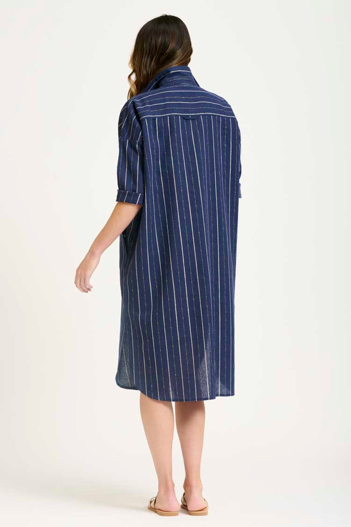 The Linen Pocket Popover Shirt Dress in Navy Lurex
