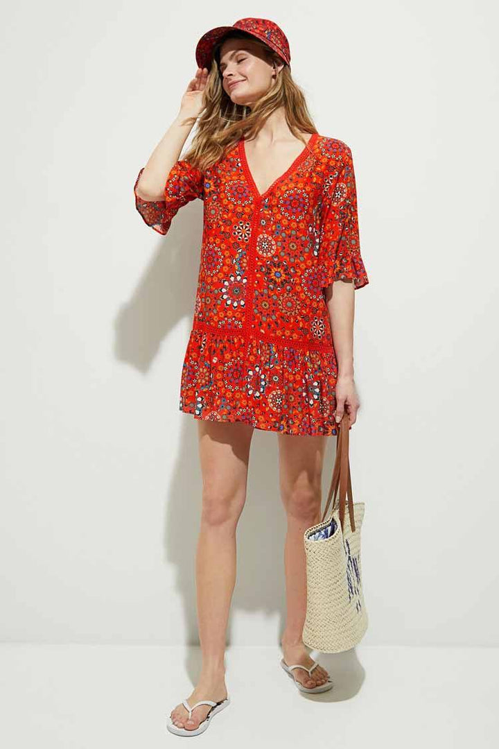 V-neck Flounces Short Dress in Red Dresses Desigual 