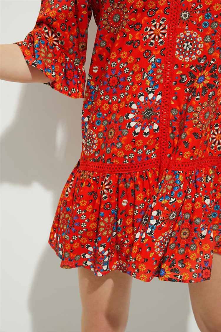 V-neck Flounces Short Dress in Red Dresses Desigual 