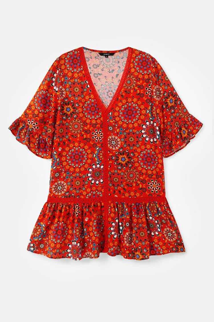 V-neck Flounces Short Dress in Red Dresses Desigual 