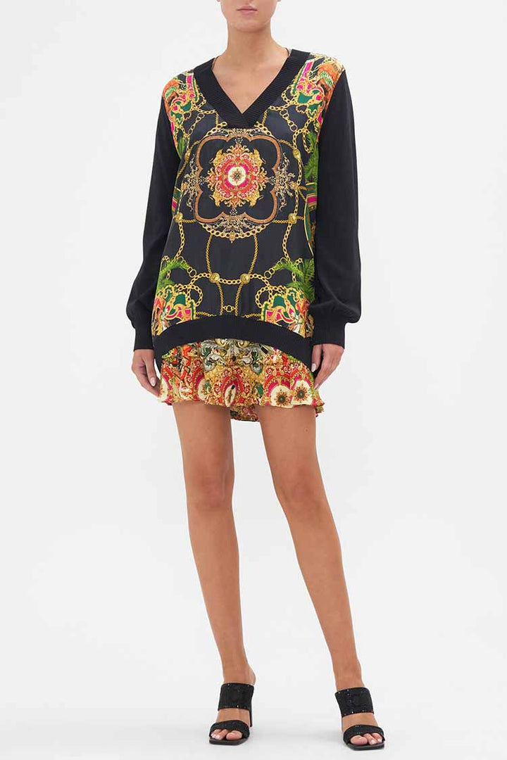V Neck Silk Front Jumper in Jealousy & Jewels