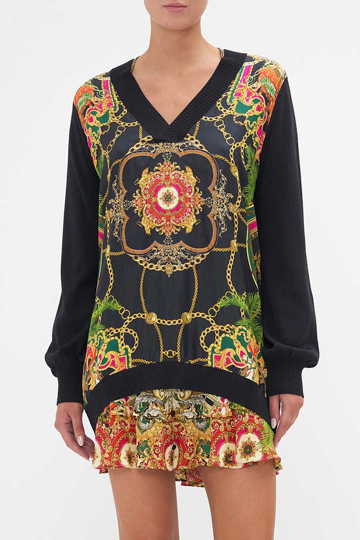 V Neck Silk Front Jumper in Jealousy & Jewels